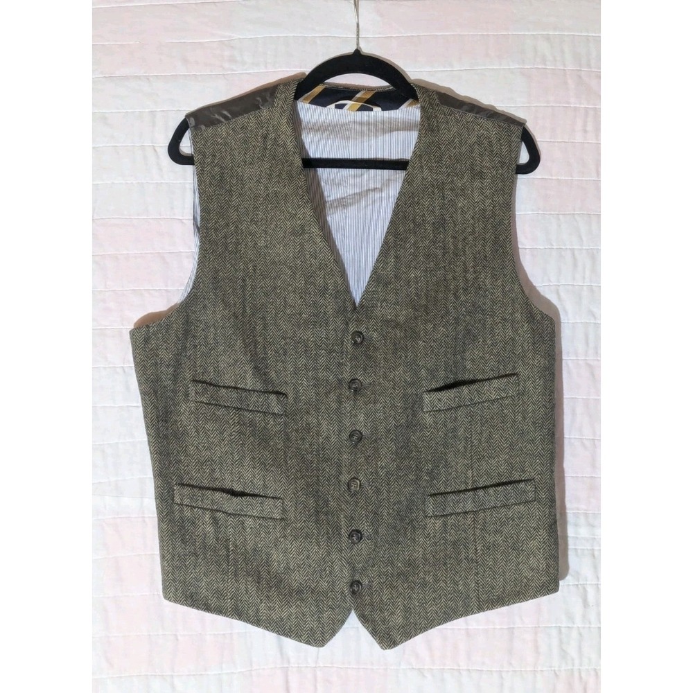 Merona Men's Olive Brown Herringbone Wool Blend Tweed Retro Waistcoat Vest Large